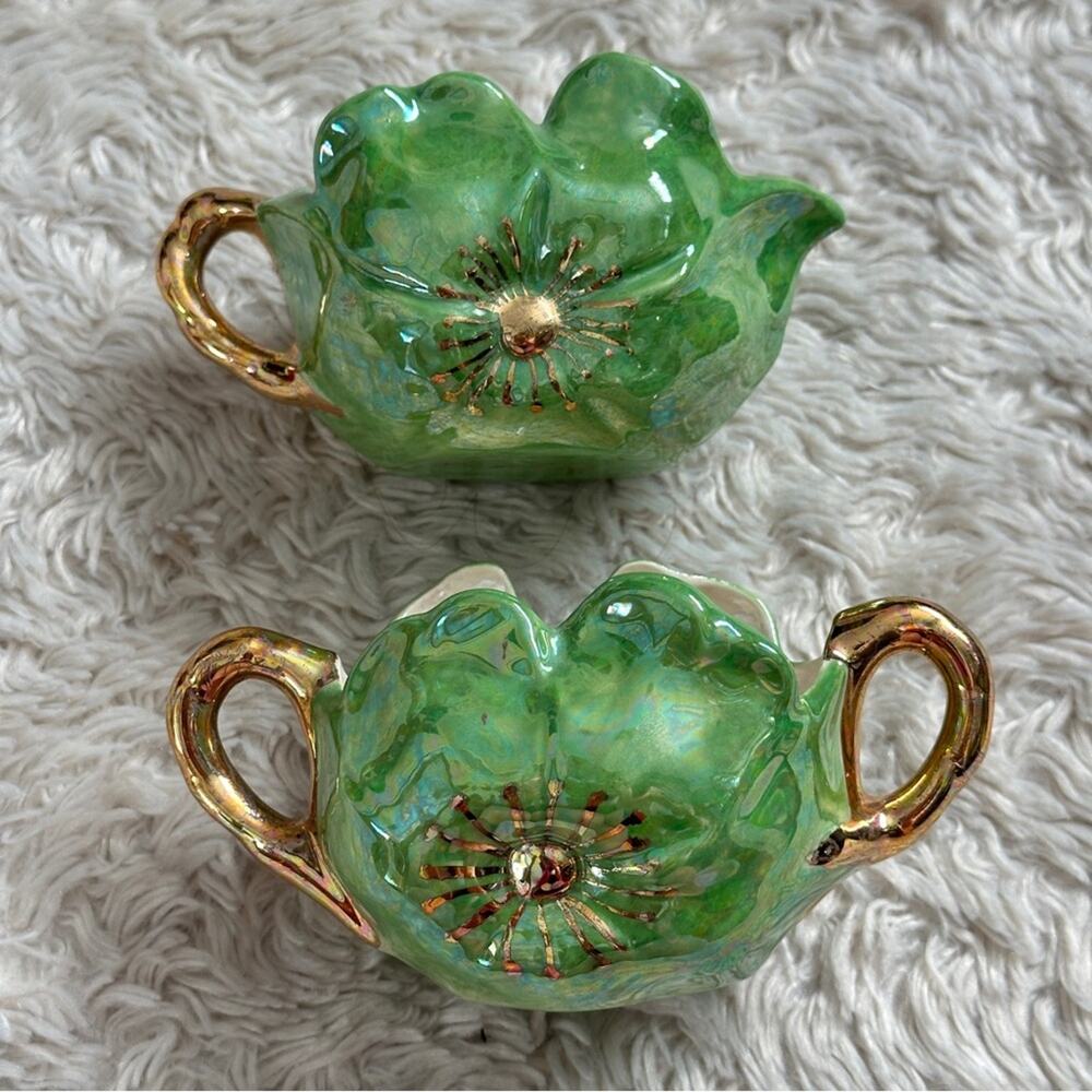 Vintage Midcentury 50s Green Floral Ceramic Bowls with Gold Handles Cream Sugar - Picture 2 of 4